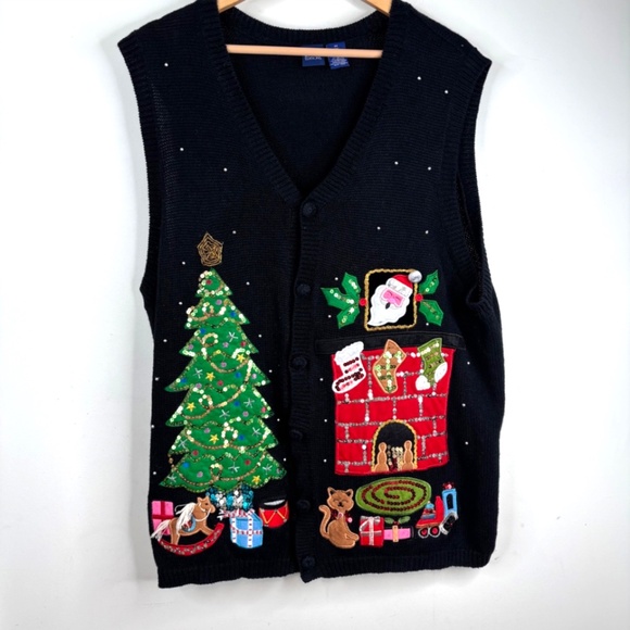 Basic Editions Christmas Sweater Vest 2x Button Down Cat Embroidery Beaded Ugly - Picture 10 of 10
